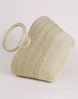 Light palm straw tote with circular woven handles, hand-woven artisan design.